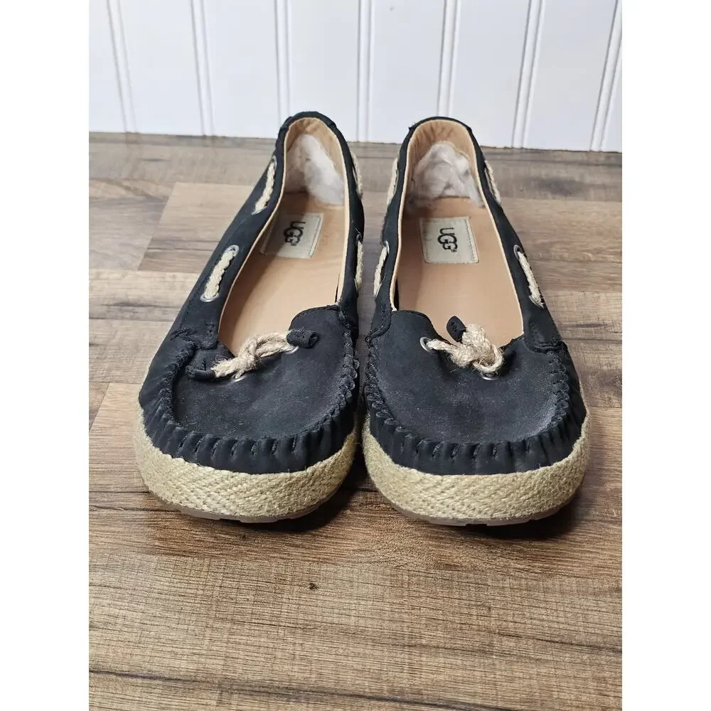 Ugg Australia Women's Black Chivon Leather Moccasin Flat Shoes 8.5 Nautical